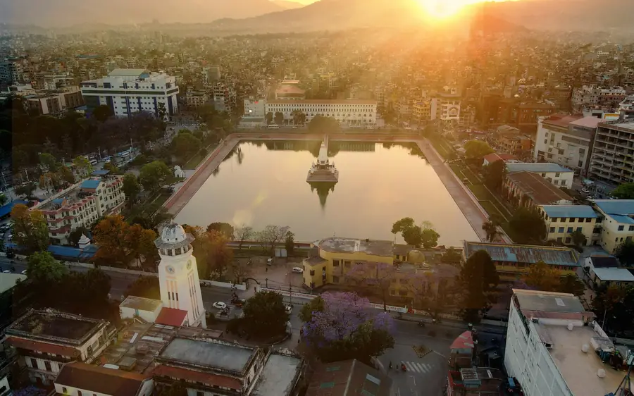 Rani Pokhari and central Kathmandu at sunrise
