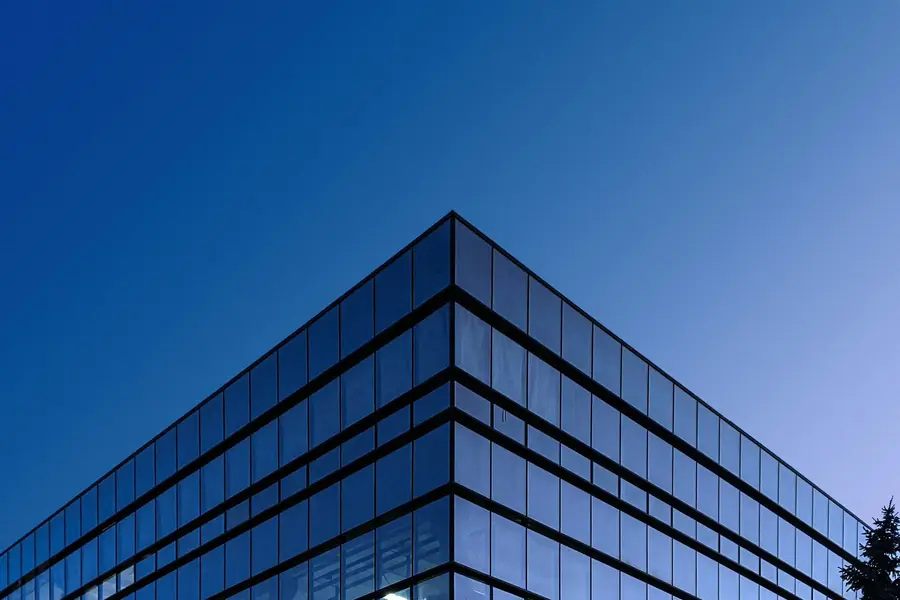 Modern office building at dusk